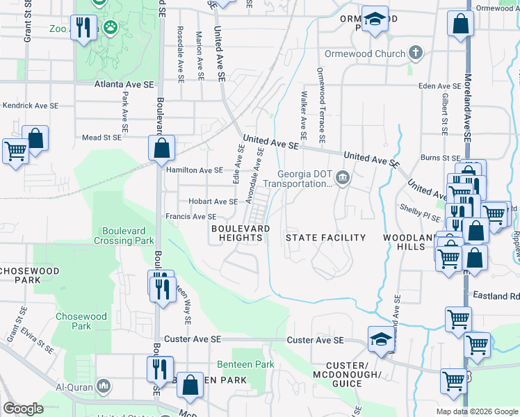 map of restaurants, bars, coffee shops, grocery stores, and more near 1144 Avondale Avenue Southeast in Atlanta