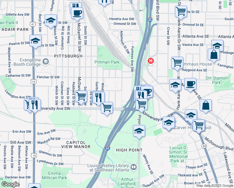 map of restaurants, bars, coffee shops, grocery stores, and more near 1138 Moton Avenue Southwest in Atlanta