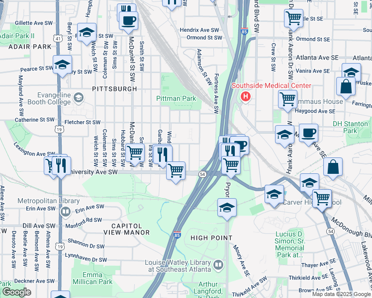 map of restaurants, bars, coffee shops, grocery stores, and more near 286 Roy Street Southwest in Atlanta
