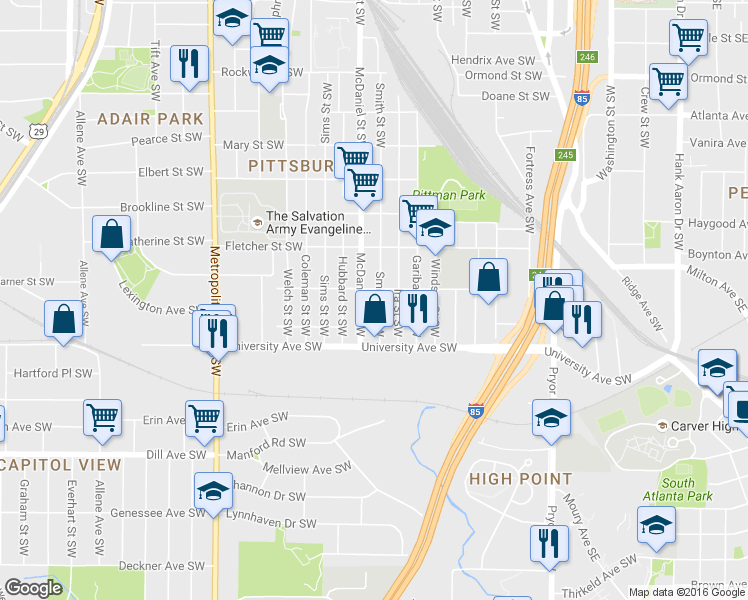 map of restaurants, bars, coffee shops, grocery stores, and more near 1131 Smith Street Southwest in Atlanta
