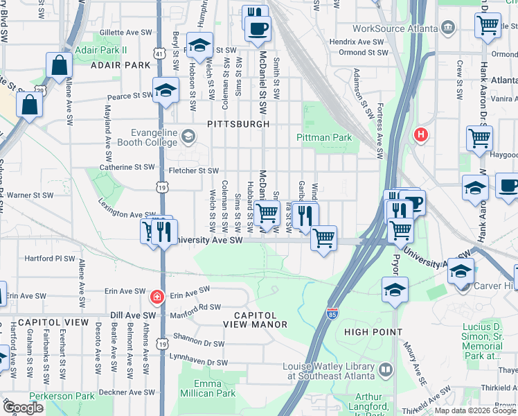 map of restaurants, bars, coffee shops, grocery stores, and more near 1120 Hubbard Street Southwest in Atlanta