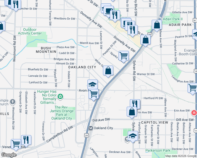 map of restaurants, bars, coffee shops, grocery stores, and more near 1123 Arlington Avenue Southwest in Atlanta