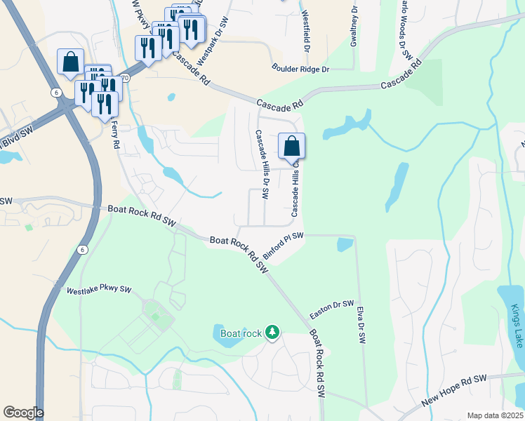 map of restaurants, bars, coffee shops, grocery stores, and more near 1150 Cascade Hills Drive Southwest in Atlanta