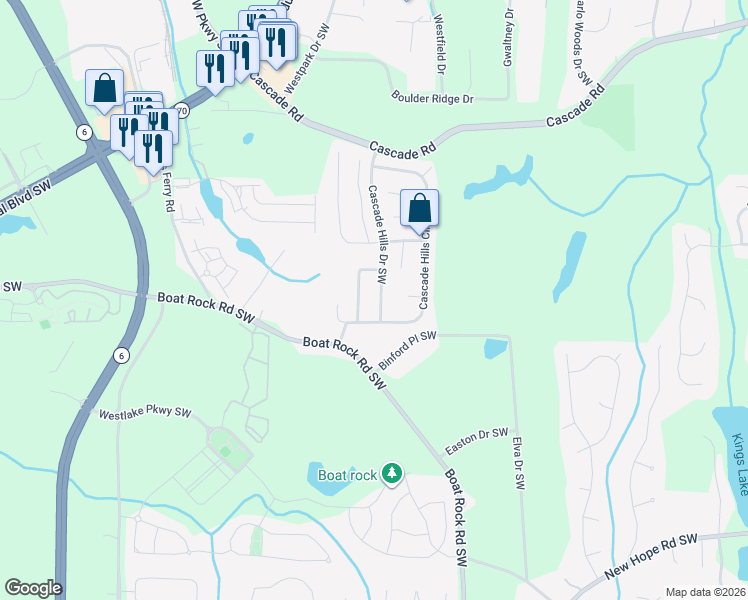 map of restaurants, bars, coffee shops, grocery stores, and more near 1177 Cascade Hills Drive Southwest in Atlanta