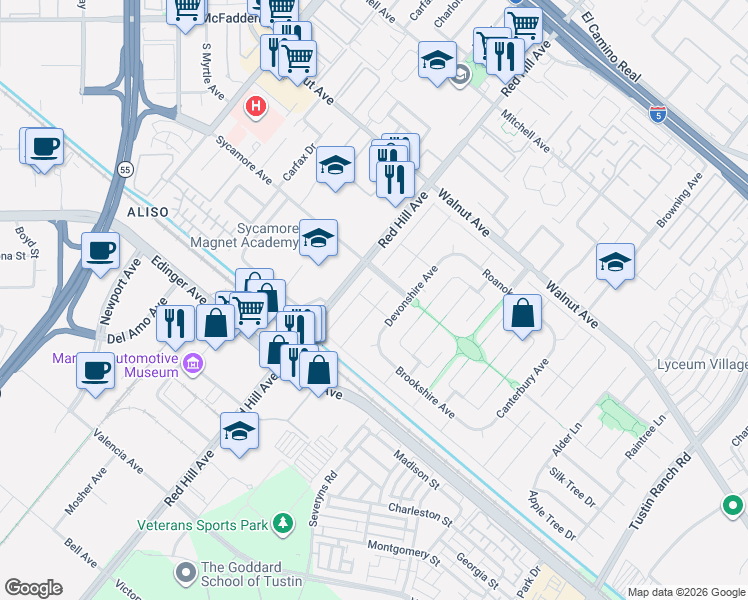 map of restaurants, bars, coffee shops, grocery stores, and more near 14781 Bridgeport Road in Tustin