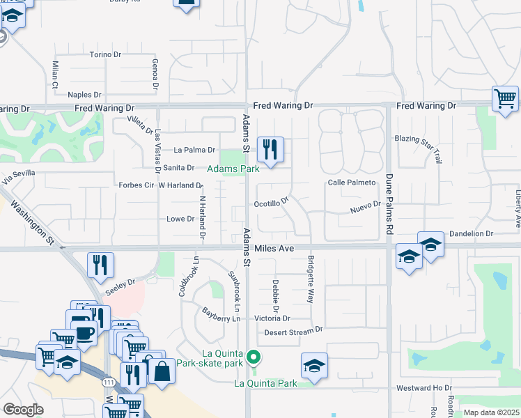 map of restaurants, bars, coffee shops, grocery stores, and more near 79065 Ocotillo Drive in La Quinta