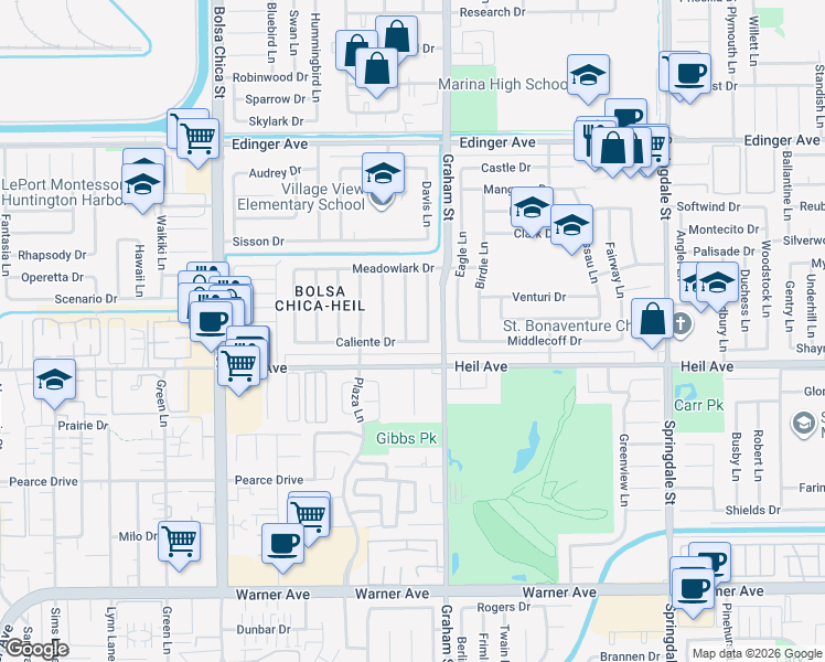 map of restaurants, bars, coffee shops, grocery stores, and more near 16351 Hollywood Lane in Huntington Beach