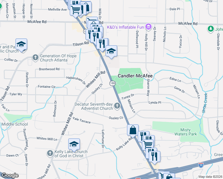 map of restaurants, bars, coffee shops, grocery stores, and more near 2257 Candler Road in Decatur
