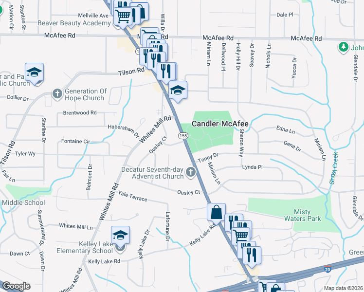 map of restaurants, bars, coffee shops, grocery stores, and more near 2723 Ellen Way in Decatur