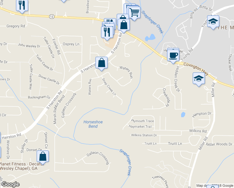 map of restaurants, bars, coffee shops, grocery stores, and more near 4769 Snap Creek Lane in Decatur