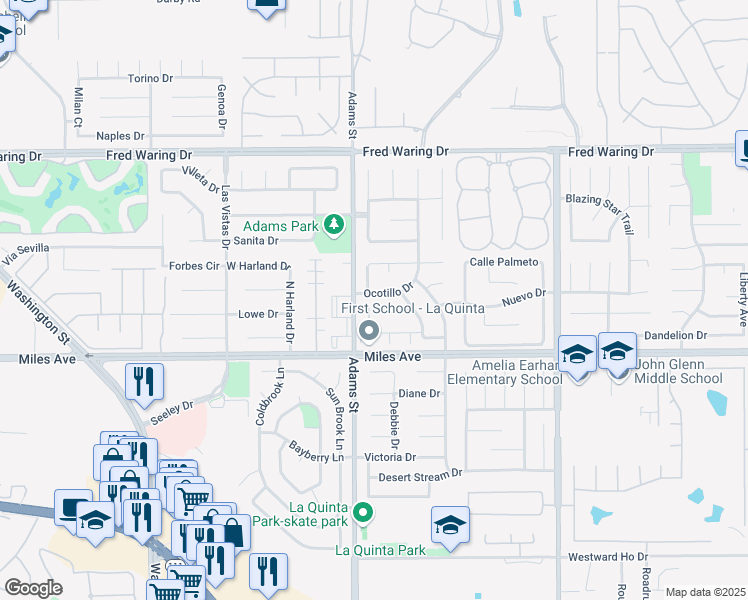 map of restaurants, bars, coffee shops, grocery stores, and more near 79065 Ocotillo Drive in La Quinta
