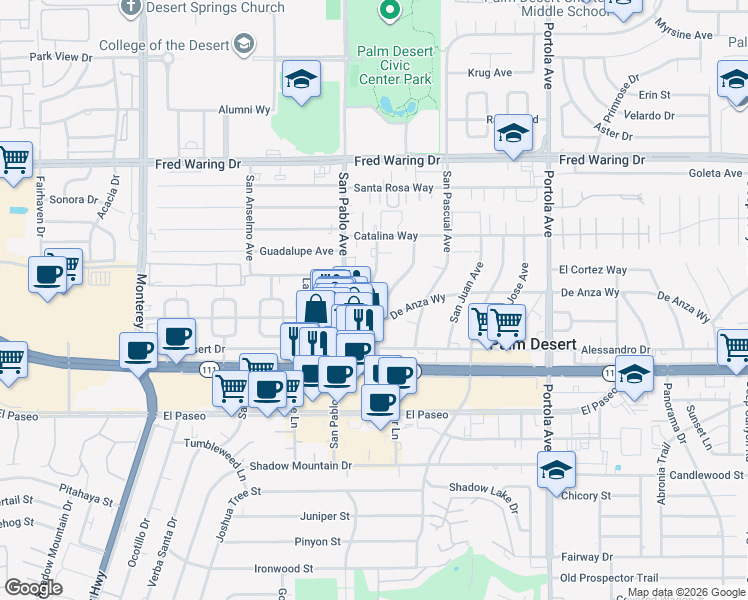 map of restaurants, bars, coffee shops, grocery stores, and more near 73600 San Gorgonio Way in Palm Desert