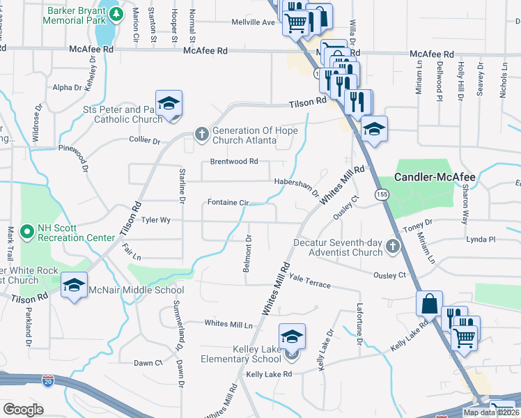 map of restaurants, bars, coffee shops, grocery stores, and more near 2526 Fontaine Circle in Decatur