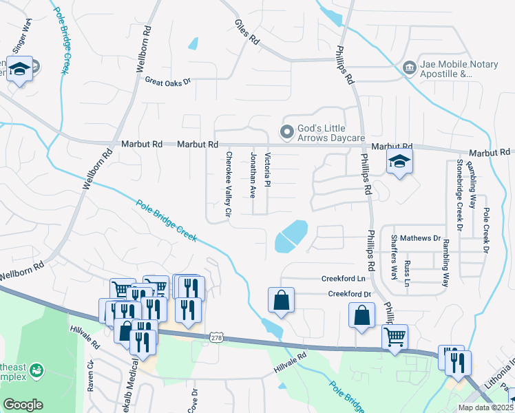 map of restaurants, bars, coffee shops, grocery stores, and more near 2211 Jonathan Avenue in Lithonia