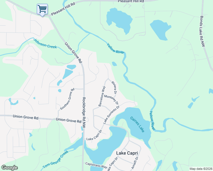 map of restaurants, bars, coffee shops, grocery stores, and more near 3030 Barcelona Way in Conyers