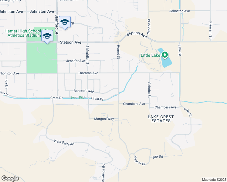 map of restaurants, bars, coffee shops, grocery stores, and more near 42235 Bancroft Way in Hemet