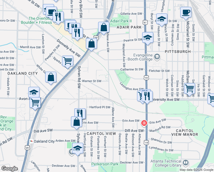 map of restaurants, bars, coffee shops, grocery stores, and more near 1135 Allene Avenue Southwest in Atlanta