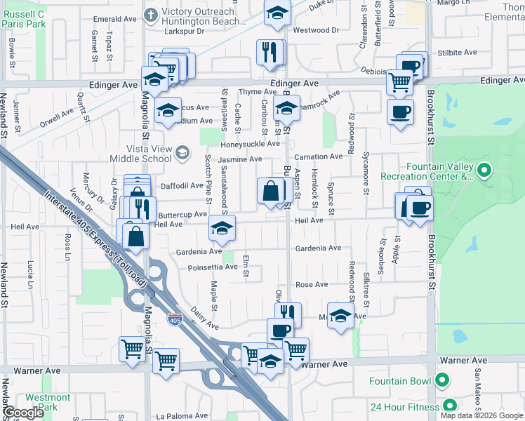 map of restaurants, bars, coffee shops, grocery stores, and more near 16458 Rosewood Street in Fountain Valley