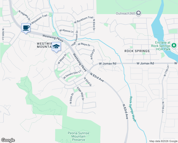map of restaurants, bars, coffee shops, grocery stores, and more near N 83rd Ave & Jomax Rd in Peoria