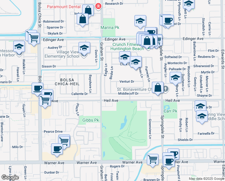 map of restaurants, bars, coffee shops, grocery stores, and more near 16355 Ace Lane in Huntington Beach