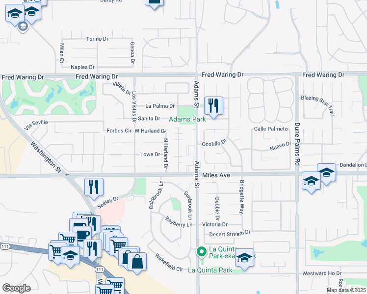 map of restaurants, bars, coffee shops, grocery stores, and more near 66 Vista Dunes Lane in La Quinta