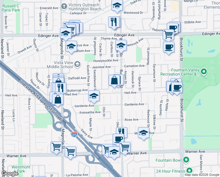 map of restaurants, bars, coffee shops, grocery stores, and more near 16458 Rosewood Street in Fountain Valley