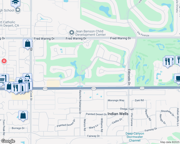 map of restaurants, bars, coffee shops, grocery stores, and more near 44980 Saint Helena Court in Indian Wells