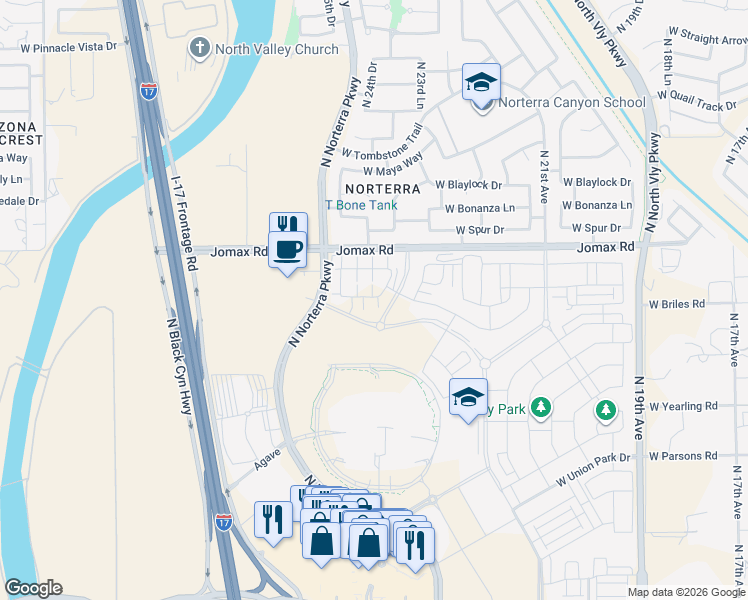 map of restaurants, bars, coffee shops, grocery stores, and more near West Jomax Road in Phoenix