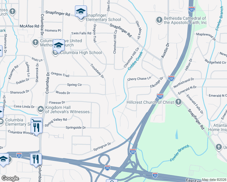 map of restaurants, bars, coffee shops, grocery stores, and more near 2212 Cobb Creek Drive in Decatur