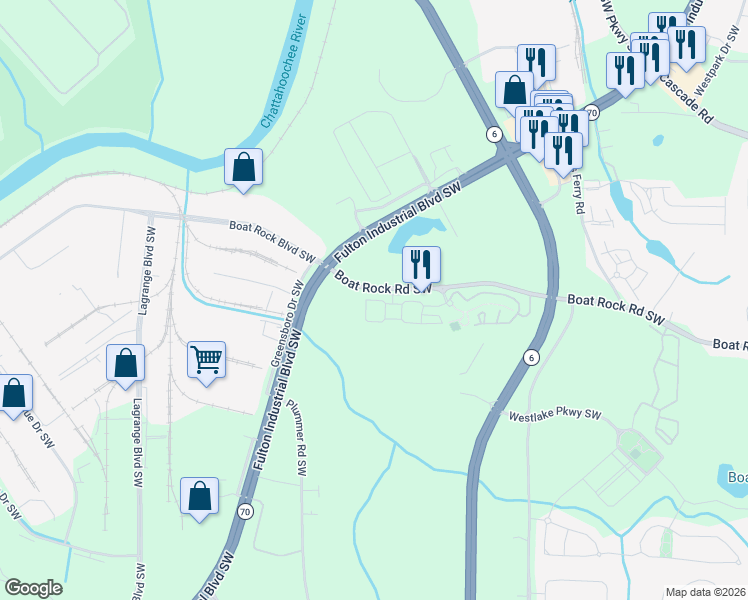 map of restaurants, bars, coffee shops, grocery stores, and more near 2600 Westchase Street in Atlanta