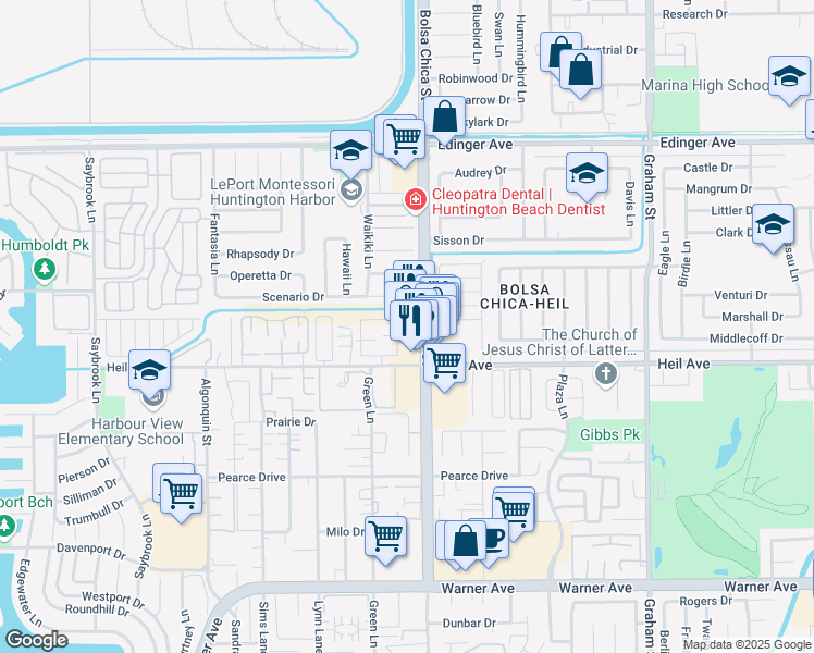 map of restaurants, bars, coffee shops, grocery stores, and more near 16383 Bolsa Chica Street in Huntington Beach