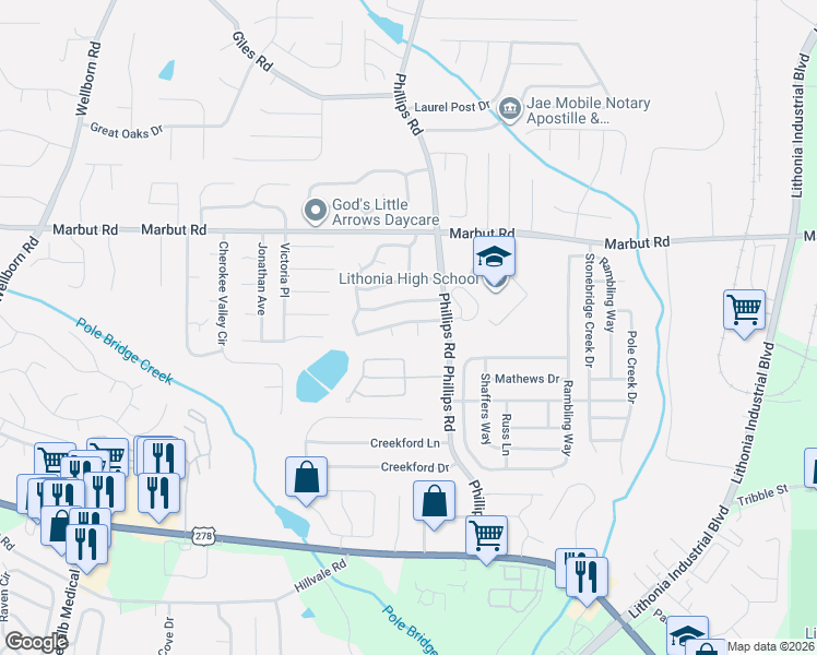 map of restaurants, bars, coffee shops, grocery stores, and more near 6275 Marbut Farms Lane in Lithonia
