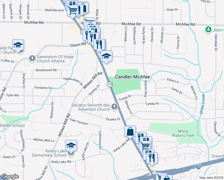 map of restaurants, bars, coffee shops, grocery stores, and more near Candler Road in Decatur