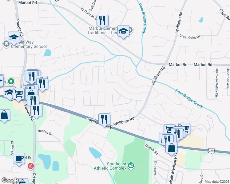 map of restaurants, bars, coffee shops, grocery stores, and more near 5673 Wind Gate Lane in Lithonia