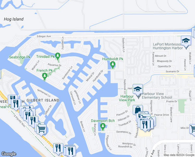 map of restaurants, bars, coffee shops, grocery stores, and more near 3972 Humboldt Drive in Huntington Beach