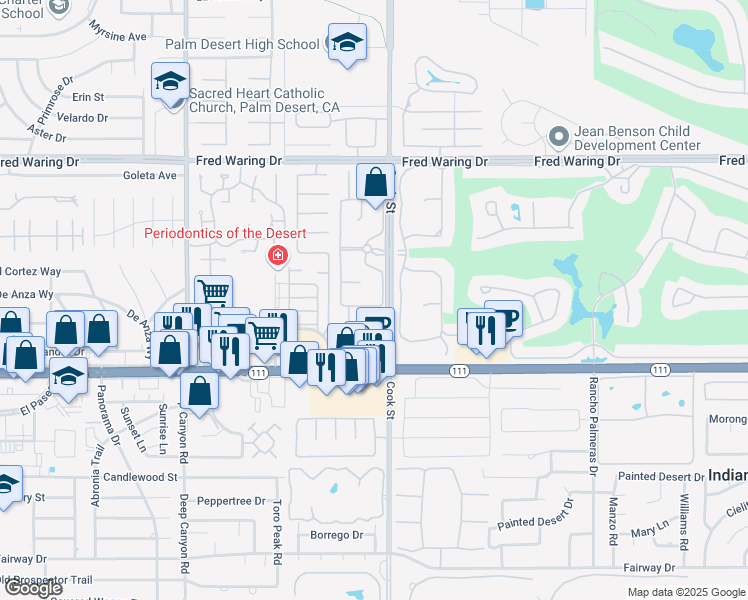 map of restaurants, bars, coffee shops, grocery stores, and more near 74996 Tahoe Circle in Indian Wells