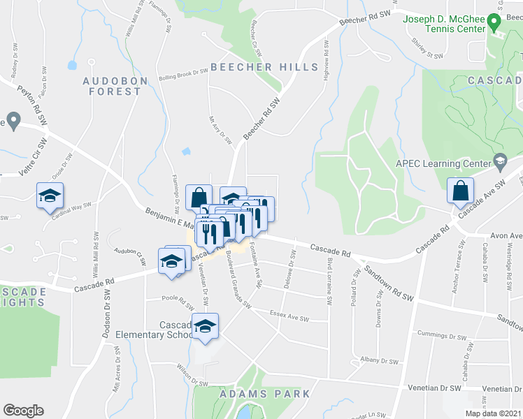 map of restaurants, bars, coffee shops, grocery stores, and more near 1151 Dolphin Drive Southwest in Atlanta