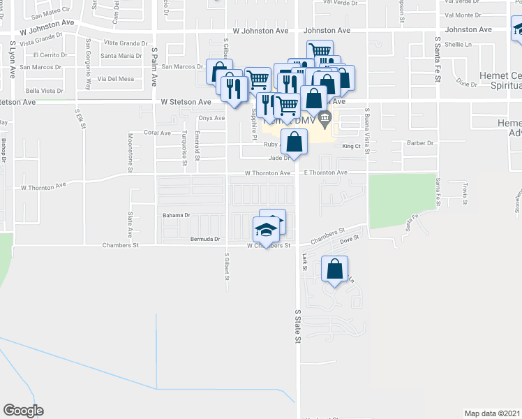 map of restaurants, bars, coffee shops, grocery stores, and more near 1455 South State Street in Hemet