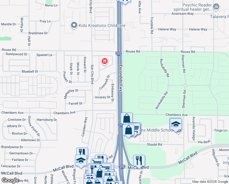 map of restaurants, bars, coffee shops, grocery stores, and more near 27262 Embassy Street in Menifee