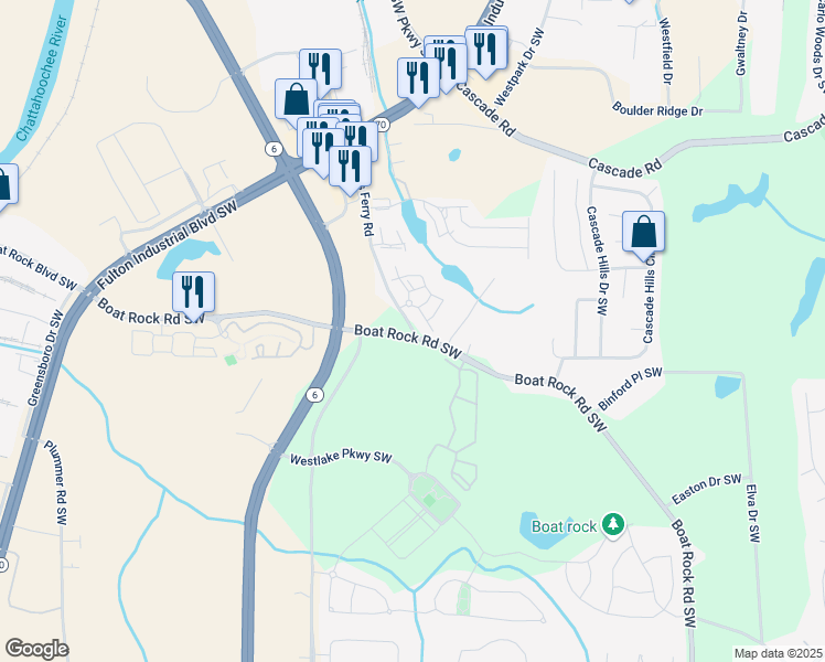 map of restaurants, bars, coffee shops, grocery stores, and more near 6247 Bakers Ferry Road in Atlanta