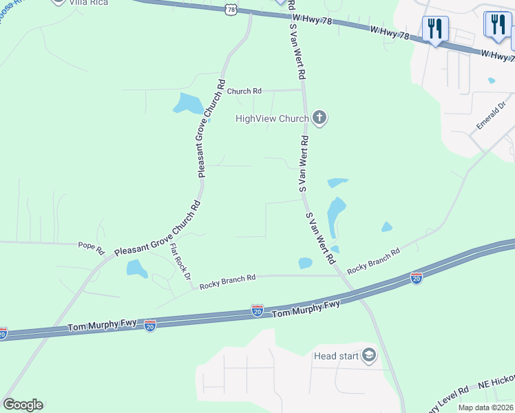map of restaurants, bars, coffee shops, grocery stores, and more near 119 Autumn Run Place in Villa Rica