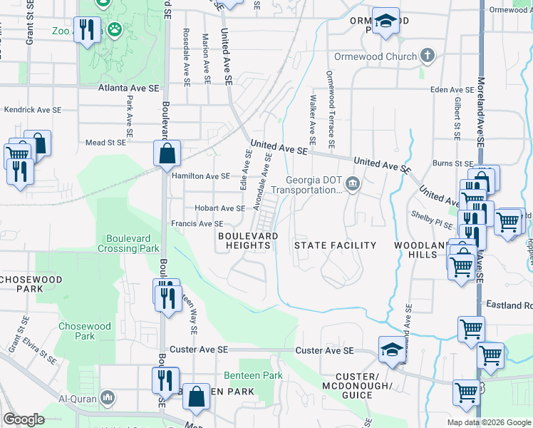 map of restaurants, bars, coffee shops, grocery stores, and more near 1105 Avondale Avenue Southeast in Atlanta