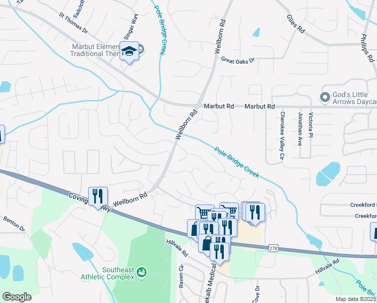 map of restaurants, bars, coffee shops, grocery stores, and more near 5896 Wellborn Trail in Lithonia
