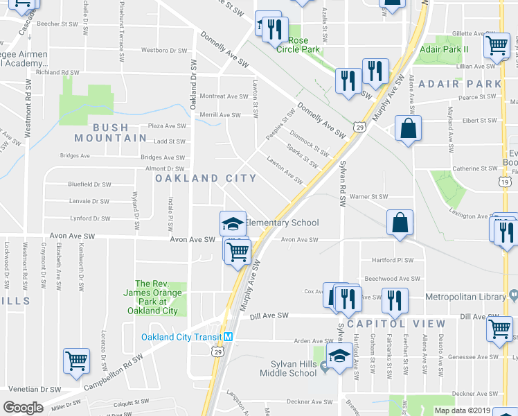 map of restaurants, bars, coffee shops, grocery stores, and more near 1075 Tucker Avenue Southwest in Atlanta