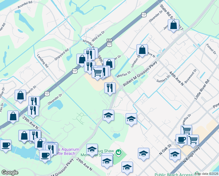 map of restaurants, bars, coffee shops, grocery stores, and more near 1229 38th Avenue North in Myrtle Beach