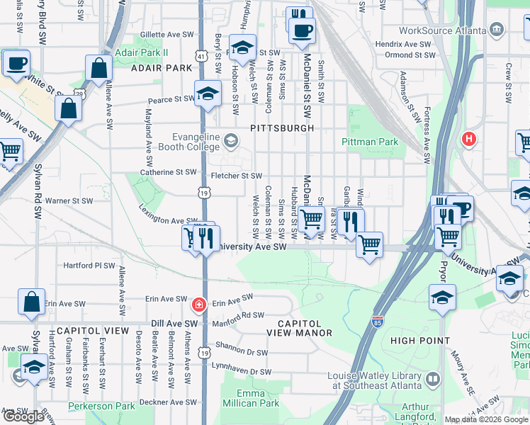 map of restaurants, bars, coffee shops, grocery stores, and more near 1107 Sims Street Southwest in Atlanta