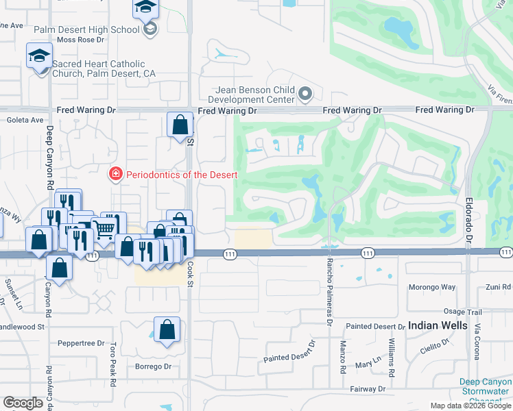 map of restaurants, bars, coffee shops, grocery stores, and more near 75304 Saint Andrews Court in Indian Wells
