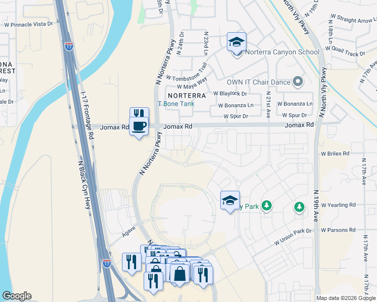 map of restaurants, bars, coffee shops, grocery stores, and more near West Jomax Road in Phoenix