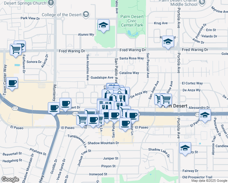map of restaurants, bars, coffee shops, grocery stores, and more near 73451 Royal Palm Drive in Palm Desert