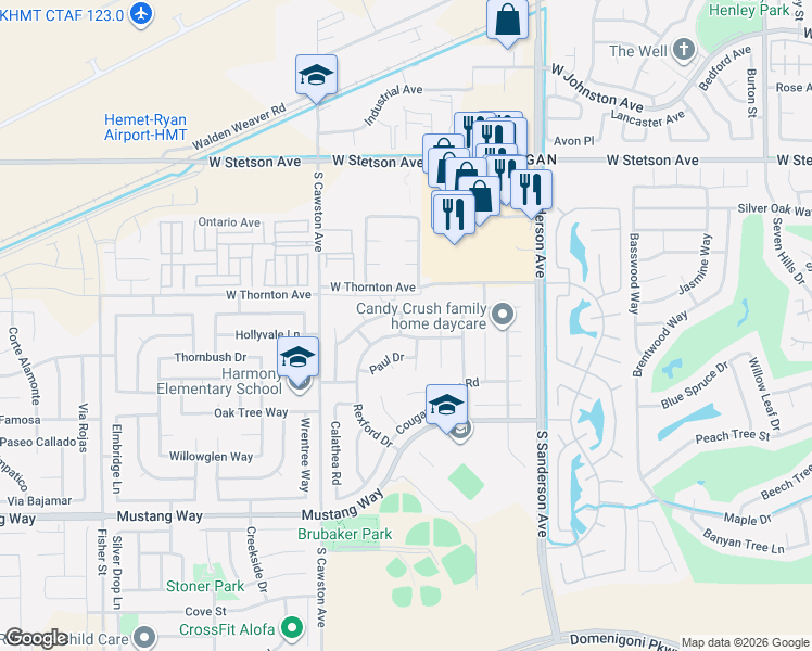map of restaurants, bars, coffee shops, grocery stores, and more near 3904 Roxbury Drive in Hemet